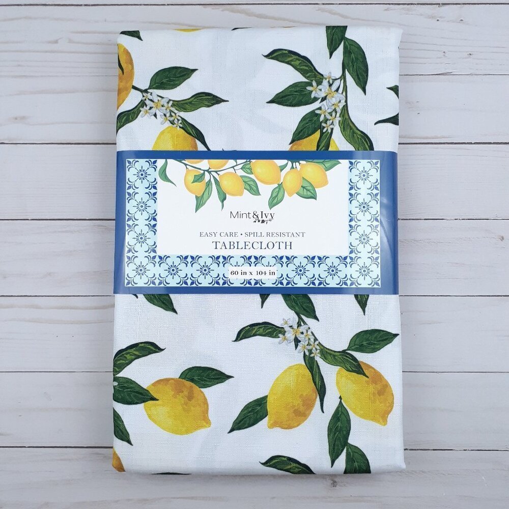 Mint & Ivy Fabric Tablecloth 60x104 in Lemons Easy Care Spill Resistant